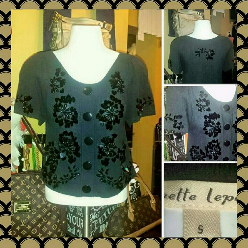 🔮 NANETTE LEPORE GLAM KITTY BLK SEQUIN CARDY TOP